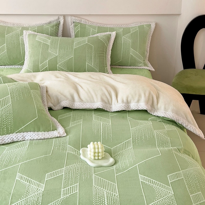 91家纺网 家纺一手货源 找家纺 琪格格纺织 2025新款全消光包边立体简约清新雕花绒四件套 包边绒 繁星闪耀绿