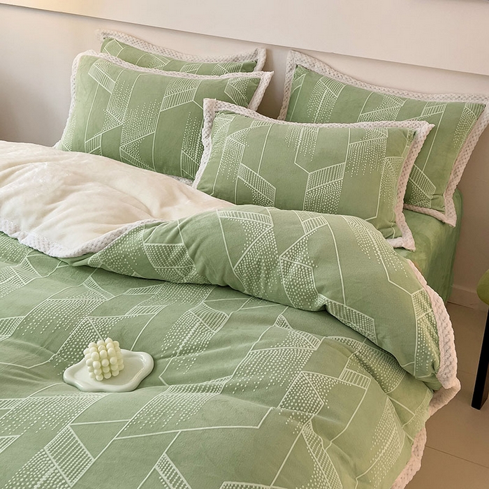 91家纺网 家纺一手货源 找家纺 琪格格纺织 2025新款全消光包边立体简约清新雕花绒四件套 包边绒 繁星闪耀绿