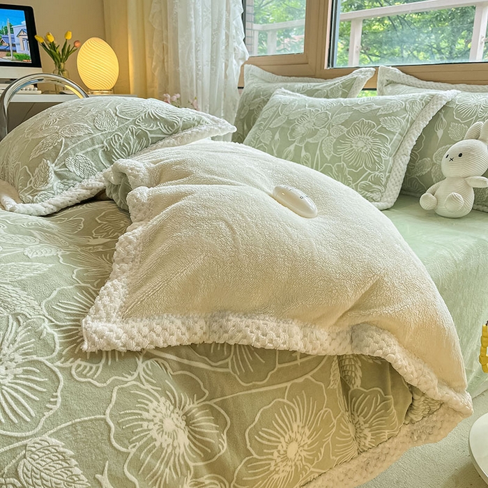 91家纺网 家纺一手货源 找家纺 琪格格纺织 2025新款全消光包边立体简约清新雕花绒四件套 雕花包边- 安妮花苑 绿