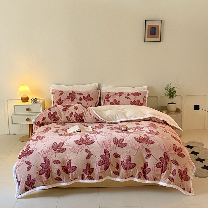 琪格格纺织 2025新款全消光包边立体简约清新雕花绒四件套 雕花包边绒-秋色宜人酒红