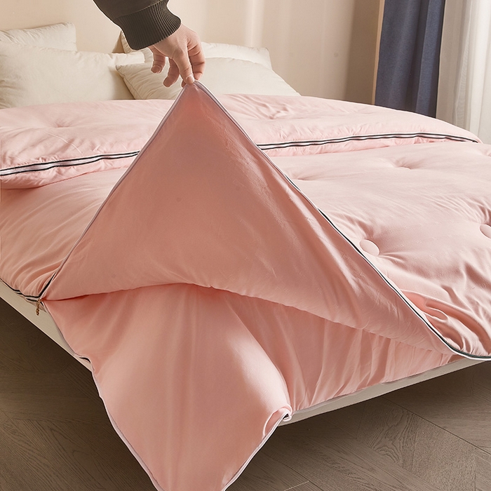 91家纺网 家纺一手货源 找家纺 一诺家居 2025新款子母被提花大豆被拉链二合一子母被双胎四季纤维被芯 棉意子母被 柔感粉