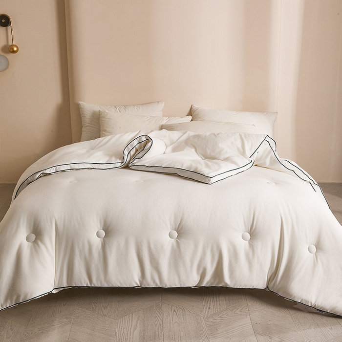 91家纺网 家纺一手货源 找家纺 一诺家居 2025新款立体提花大豆被单边冬被学生宿舍单人被褥 棉意 云朵白