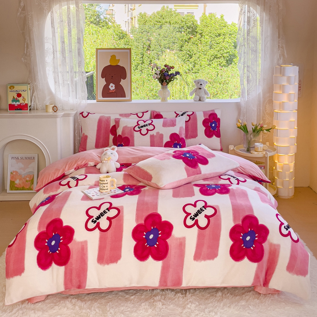 91家纺网 家纺一手货源 找家纺 （总）晚安 2024新款小清新印花牛奶绒大版花牛奶绒四件套 