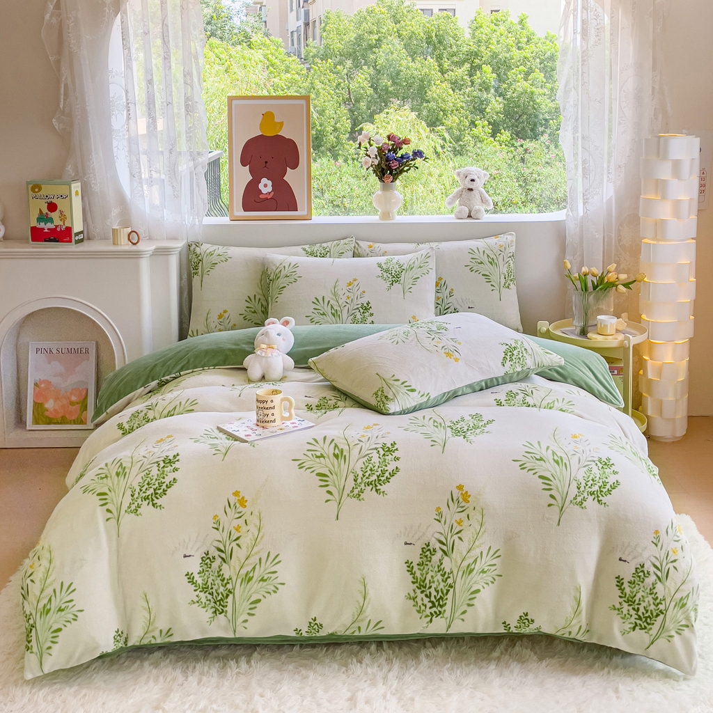 晚安 2024新款小清新印花牛奶绒大版花牛奶绒四件套  仙草