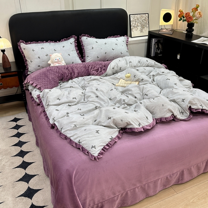 91家纺网 家纺一手货源 找家纺 仟网汇 2025新款保暖舒适棉加绒四件套 蝶影 - 灰