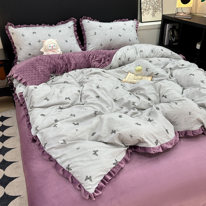 91家纺网 家纺一手货源 找家纺 仟网汇 2025新款保暖舒适棉加绒四件套 蝶影 - 灰