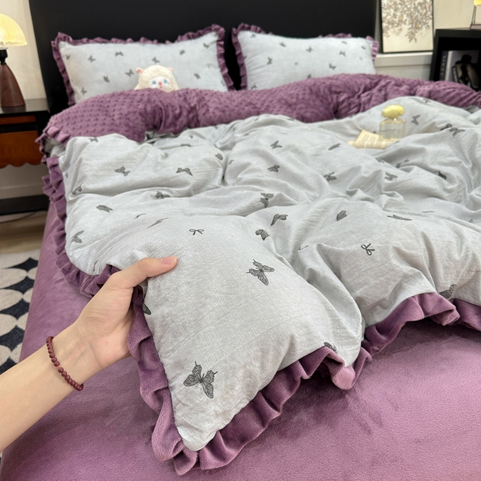 91家纺网 家纺一手货源 找家纺 仟网汇 2025新款保暖舒适棉加绒四件套 蝶影 - 灰