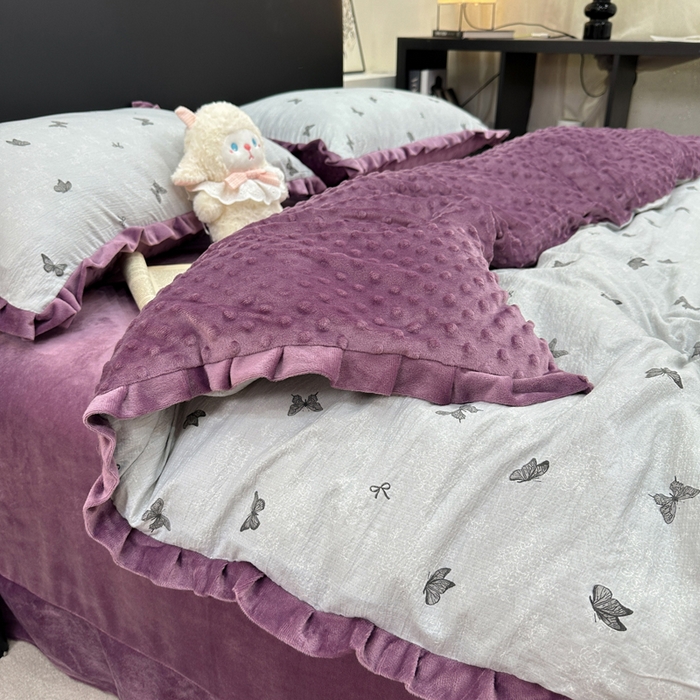 91家纺网 家纺一手货源 找家纺 仟网汇 2025新款保暖舒适棉加绒四件套 蝶影 - 灰