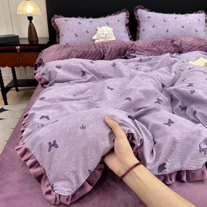 仟网汇 2025新款保暖舒适棉加绒四件套 蝶影- 紫