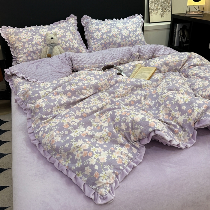 91家纺网 家纺一手货源 找家纺 仟网汇 2025新款保暖舒适棉加绒四件套 紫蔓花开