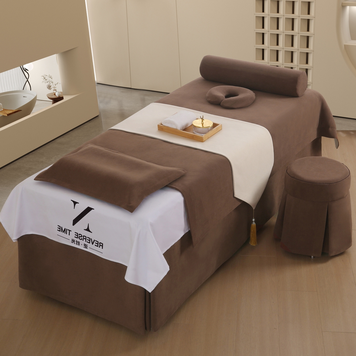 91家纺网 家纺一手货源 找家纺 （总）安力森/诚臻酒店用品 2025新款轻奢绒面美容床罩 养生馆专用理疗床品套件