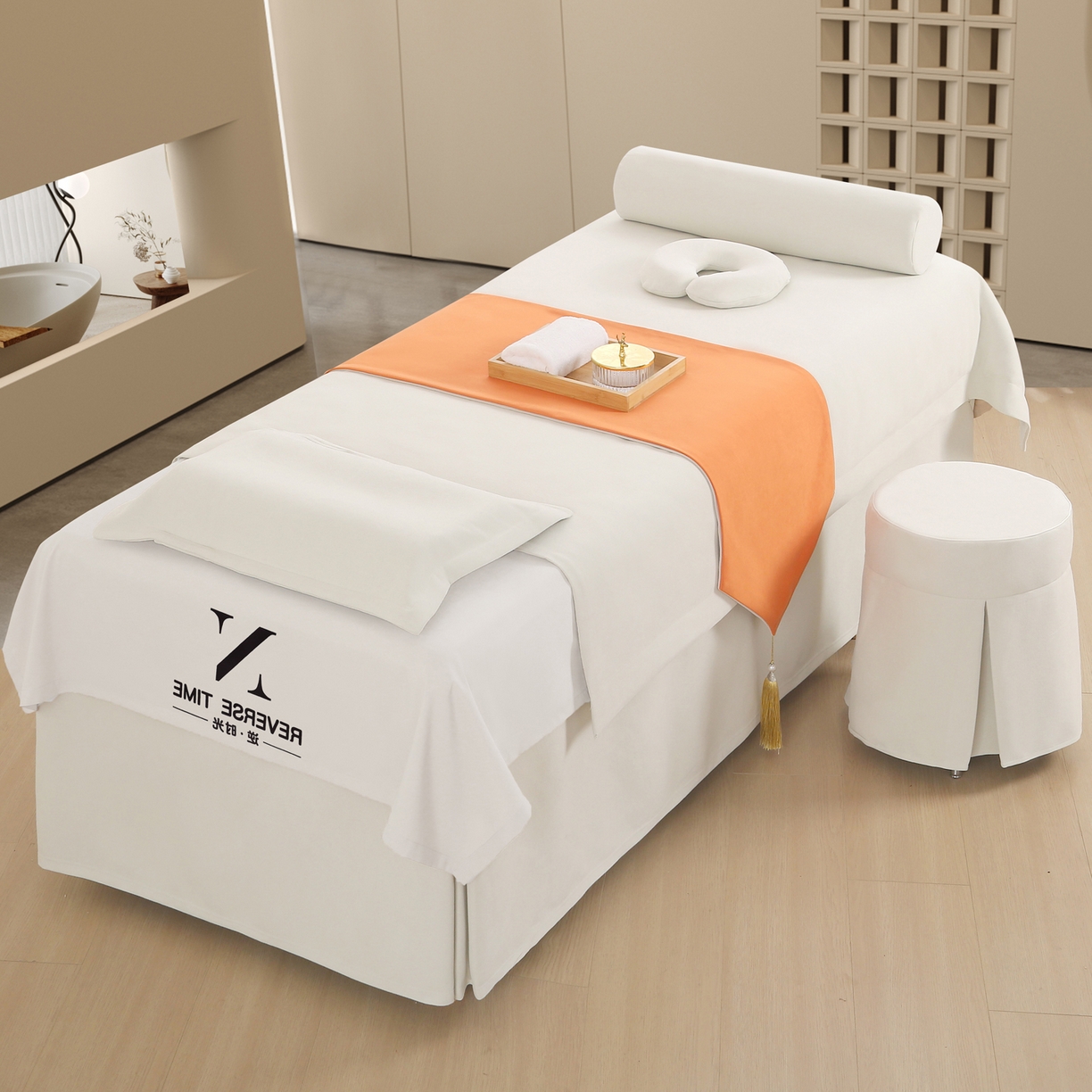 安力森/诚臻酒店用品 2025新款轻奢绒面美容床罩 养生馆专用理疗床品套件 象牙白