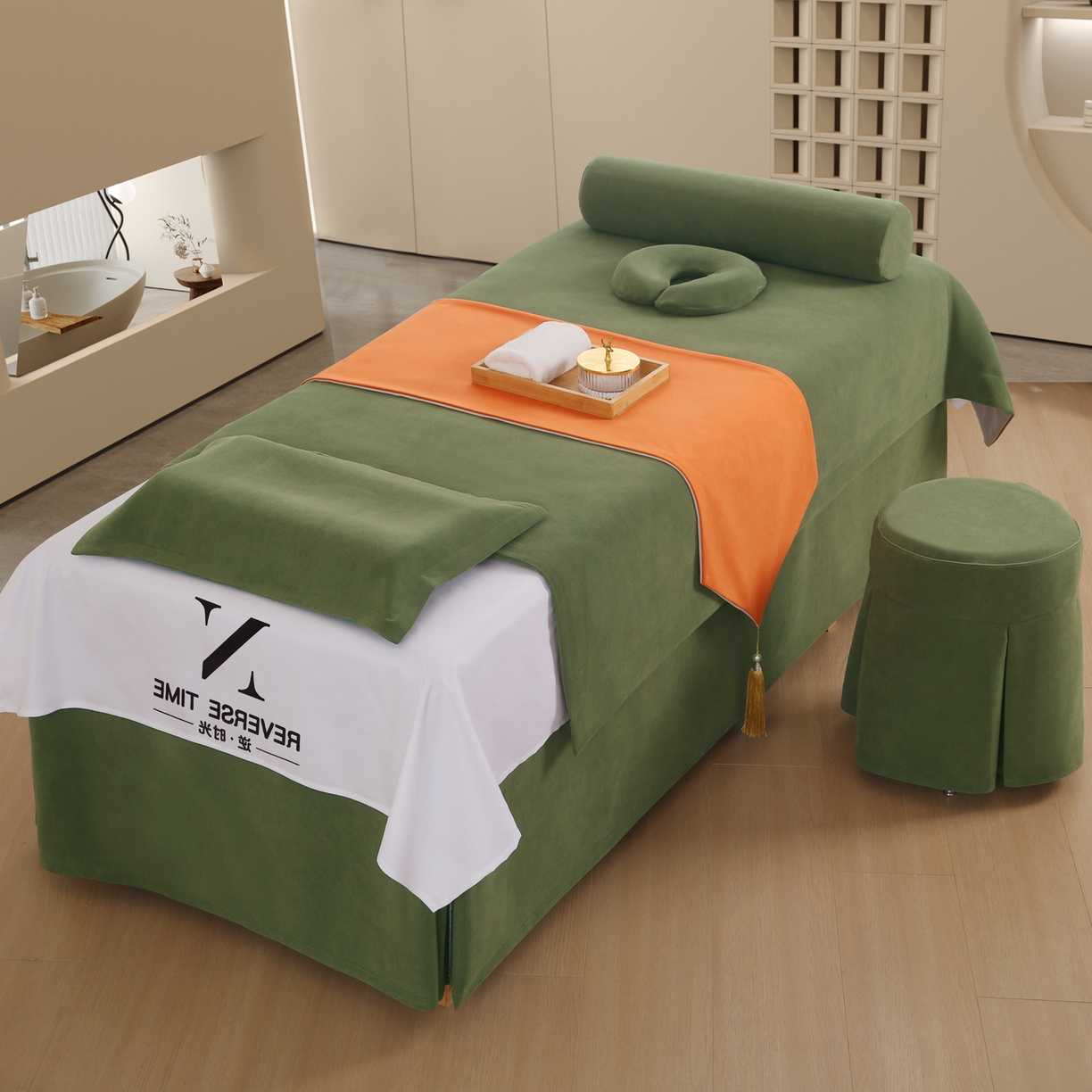 安力森/诚臻酒店用品 2025新款轻奢绒面美容床罩 养生馆专用理疗床品套件 复古绿