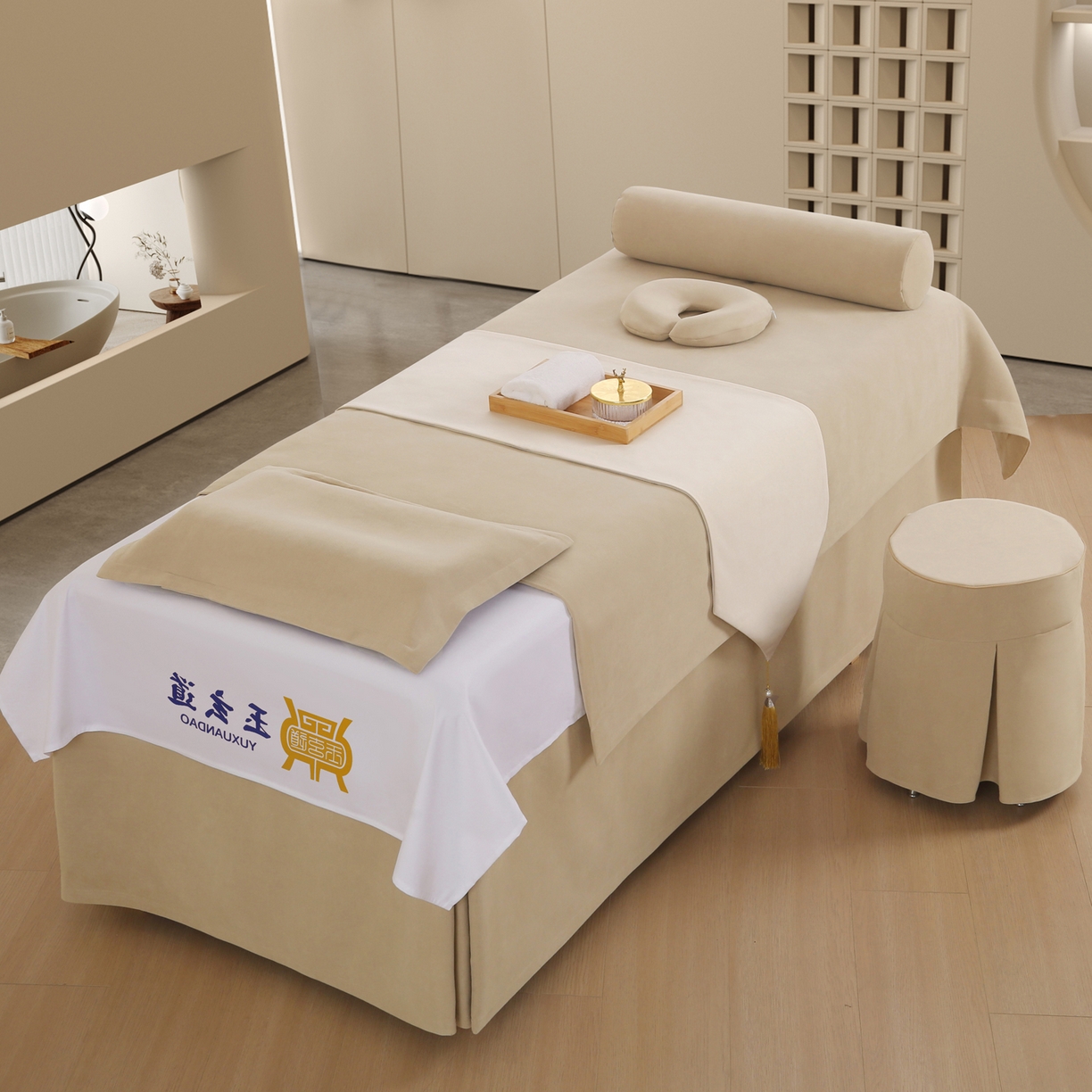 安力森/诚臻酒店用品 2025新款轻奢绒面美容床罩 养生馆专用理疗床品套件 香槟咖