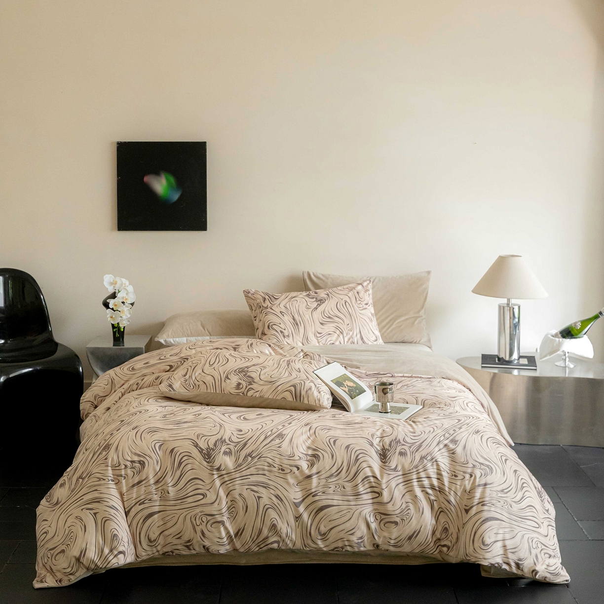 91家纺网 家纺一手货源 找家纺 （总）安力森/诚臻酒店用品 2025新款轻奢流体艺术印花宝宝绒婴儿绒四件套 高级感卧室床品套件-游里系列