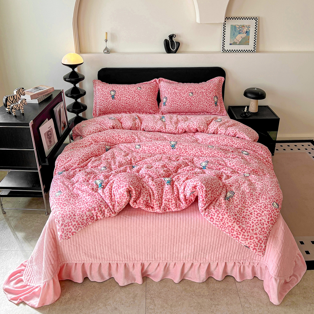 梦莱斯 2025新款亲肤舒适双面牛奶绒床盖款四件套 豹纹猫-粉
