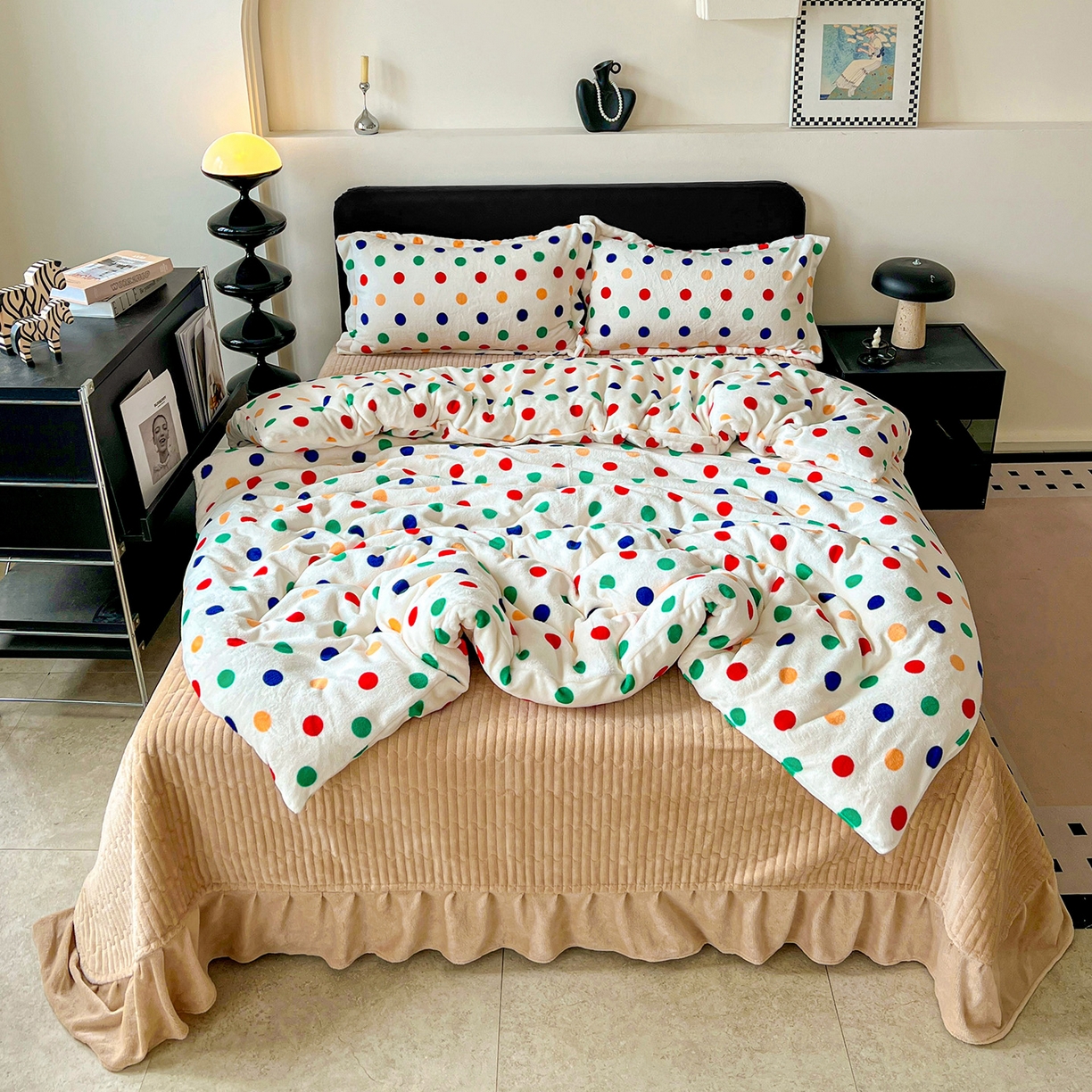 梦莱斯 2025新款亲肤舒适双面牛奶绒床盖款四件套 彩虹点