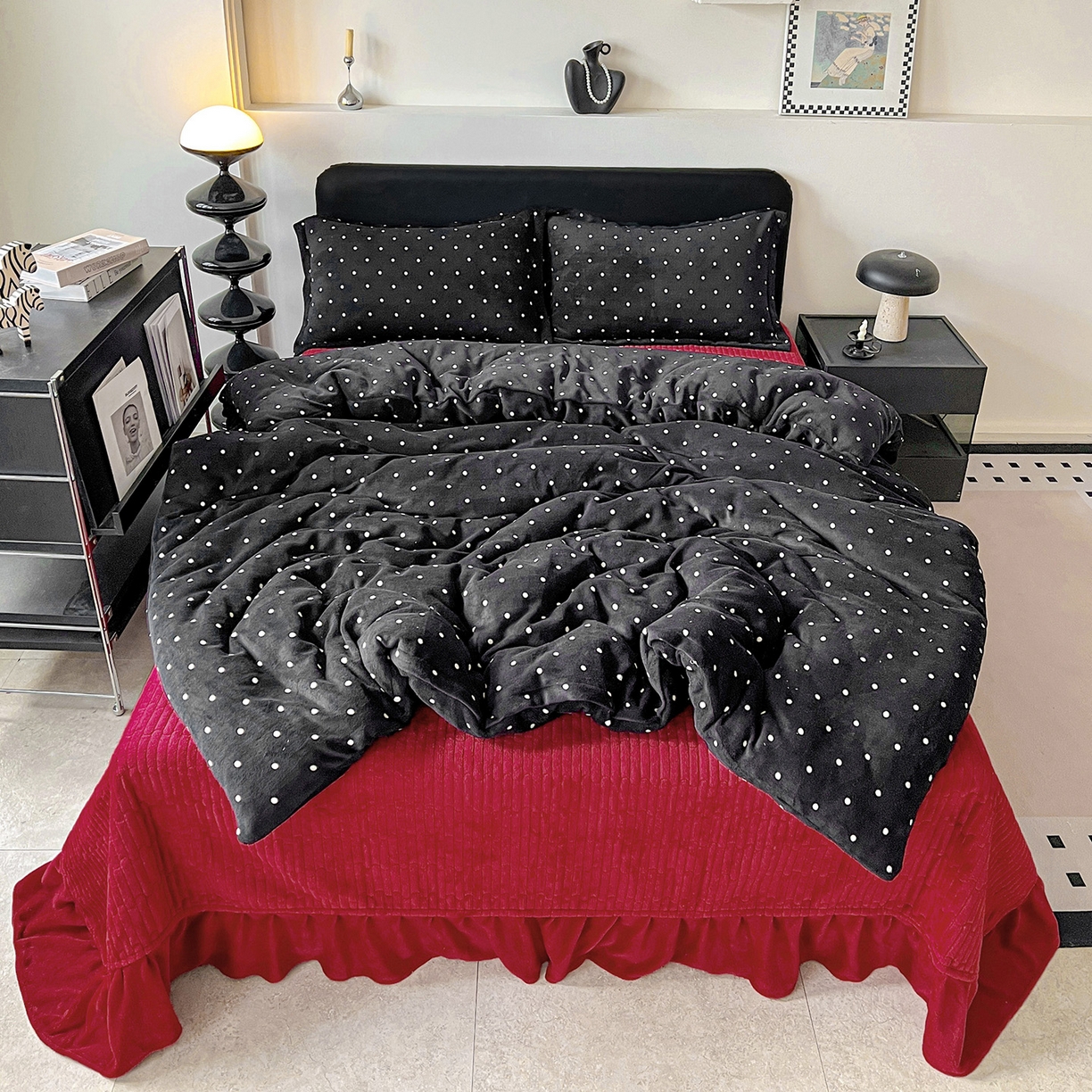 梦莱斯 2025新款亲肤舒适双面牛奶绒床盖款四件套 黑珍珠