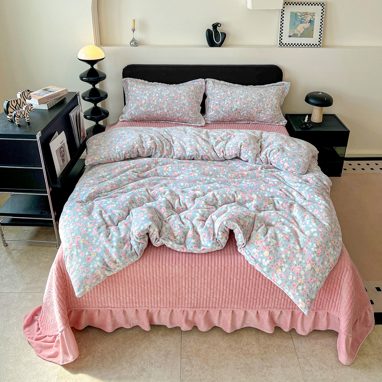 梦莱斯 2025新款亲肤舒适双面牛奶绒床盖款四件套 满园春色