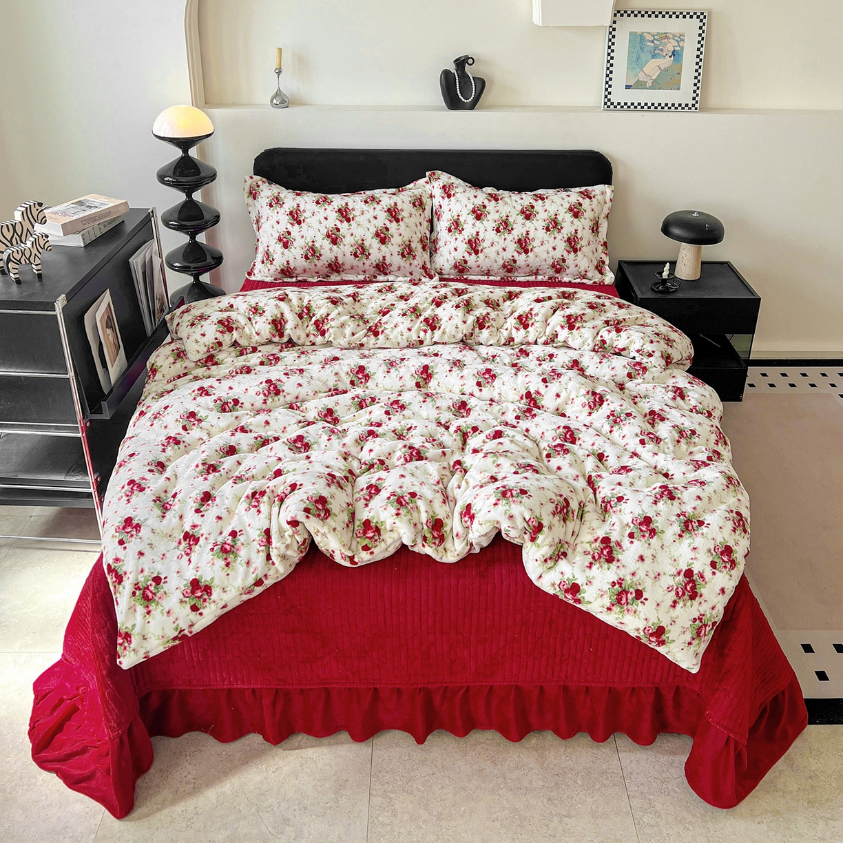 梦莱斯 2025新款亲肤舒适双面牛奶绒床盖款四件套 胭脂