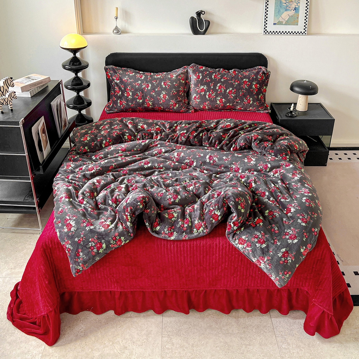 梦莱斯 2025新款亲肤舒适双面牛奶绒床盖款四件套 妖姬