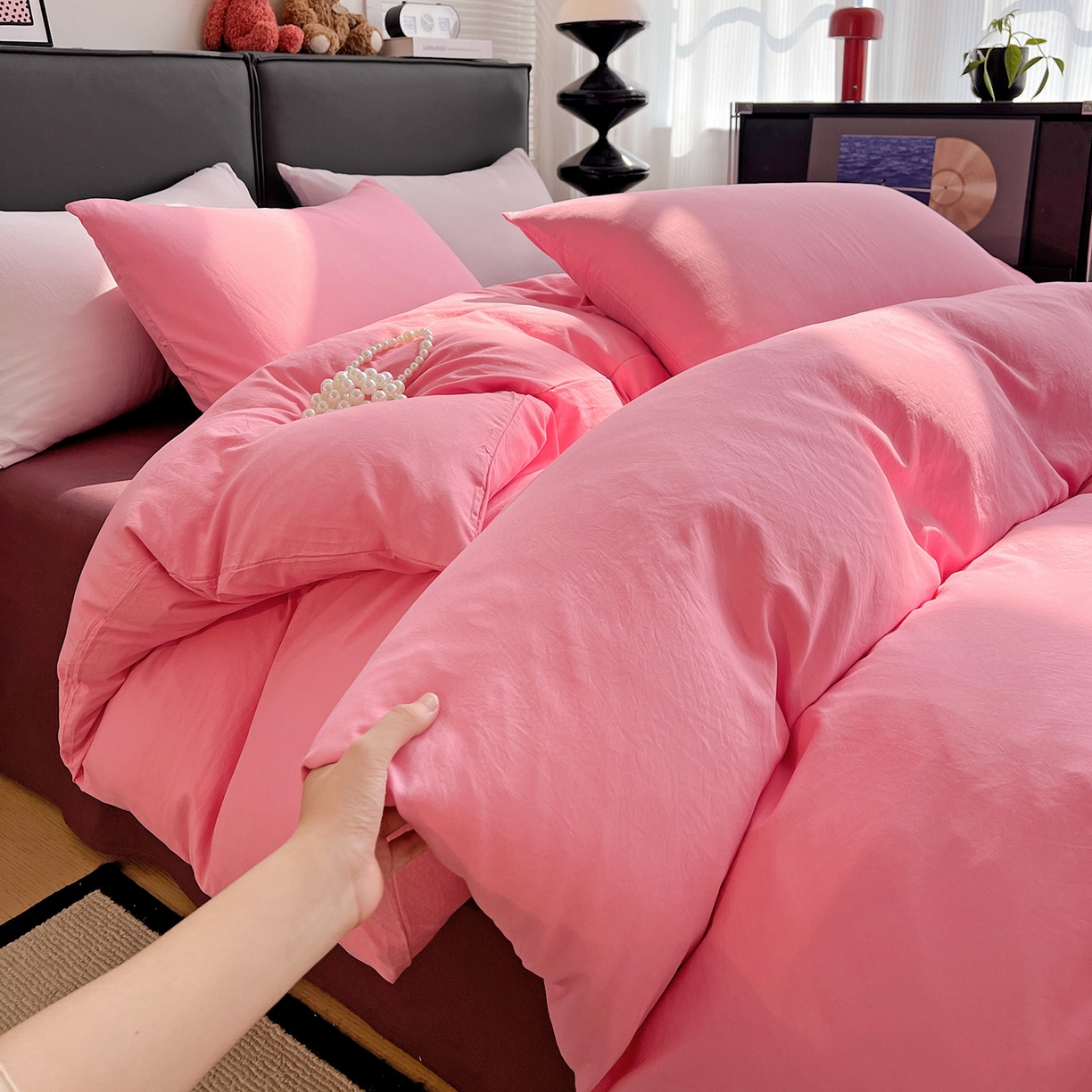 91家纺网 家纺一手货源 找家纺 （总）凯洛奇 2025新款ins北欧风水洗棉柔软褶皱纯色被套四件套