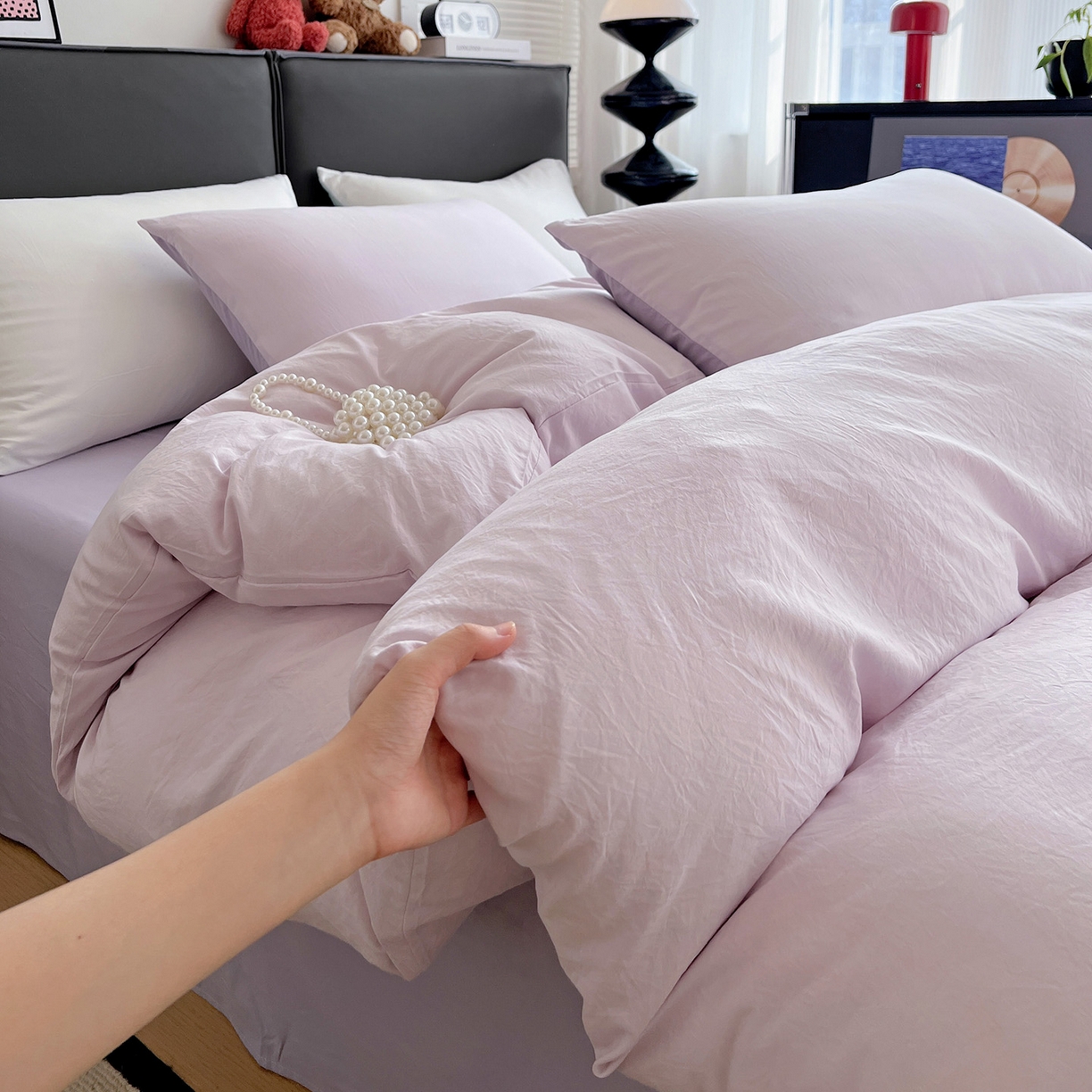 91家纺网 家纺一手货源 找家纺 （总）凯洛奇 2025新款ins北欧风水洗棉柔软褶皱纯色被套四件套