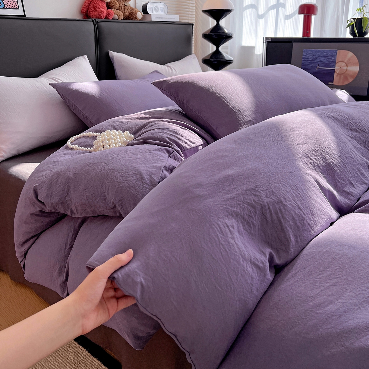 91家纺网 家纺一手货源 找家纺 （总）凯洛奇 2025新款ins北欧风水洗棉柔软褶皱纯色被套四件套