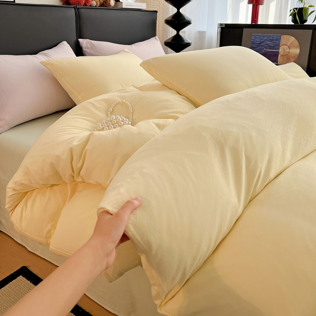 91家纺网 家纺一手货源 找家纺 （总）凯洛奇 2025新款ins北欧风水洗棉柔软褶皱纯色被套四件套