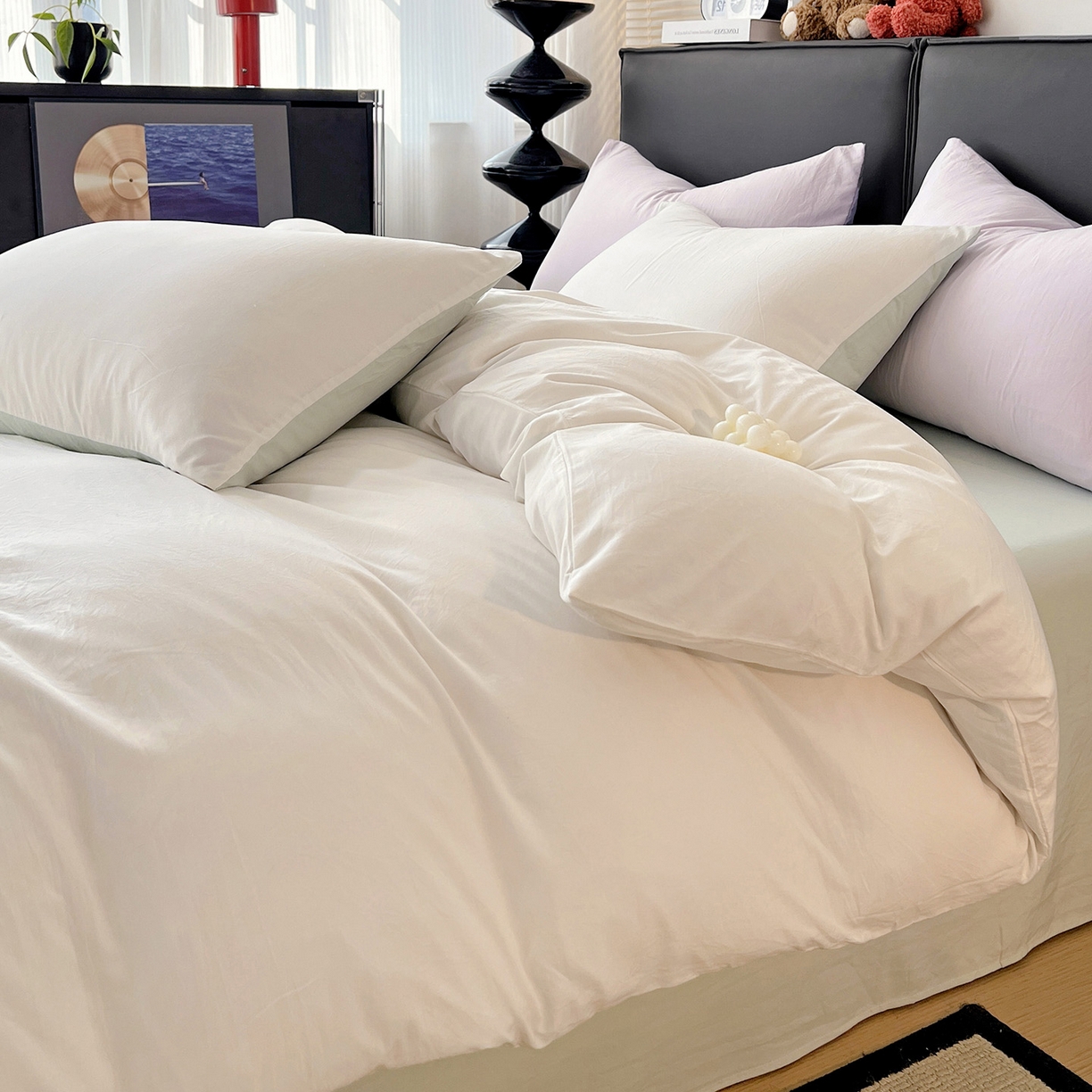 91家纺网 家纺一手货源 找家纺 凯洛奇 2025新款ins北欧风水洗棉柔软褶皱纯色被套四件套 拼色-白绿