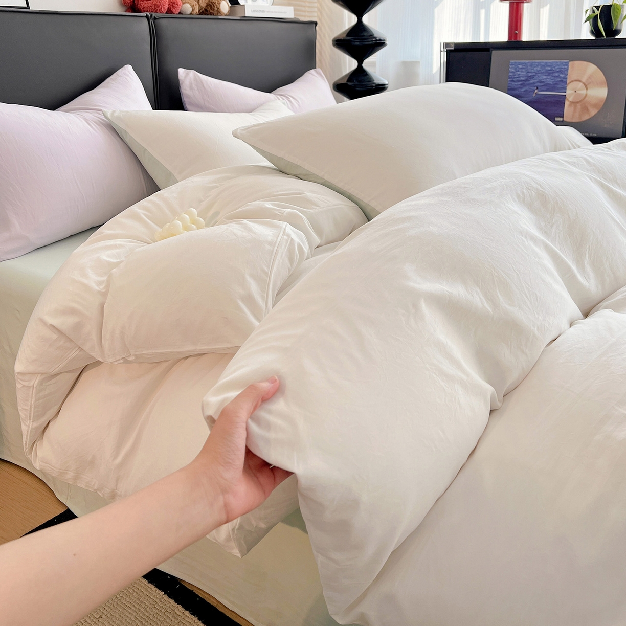 91家纺网 家纺一手货源 找家纺 （总）凯洛奇 2025新款ins北欧风水洗棉柔软褶皱纯色被套四件套