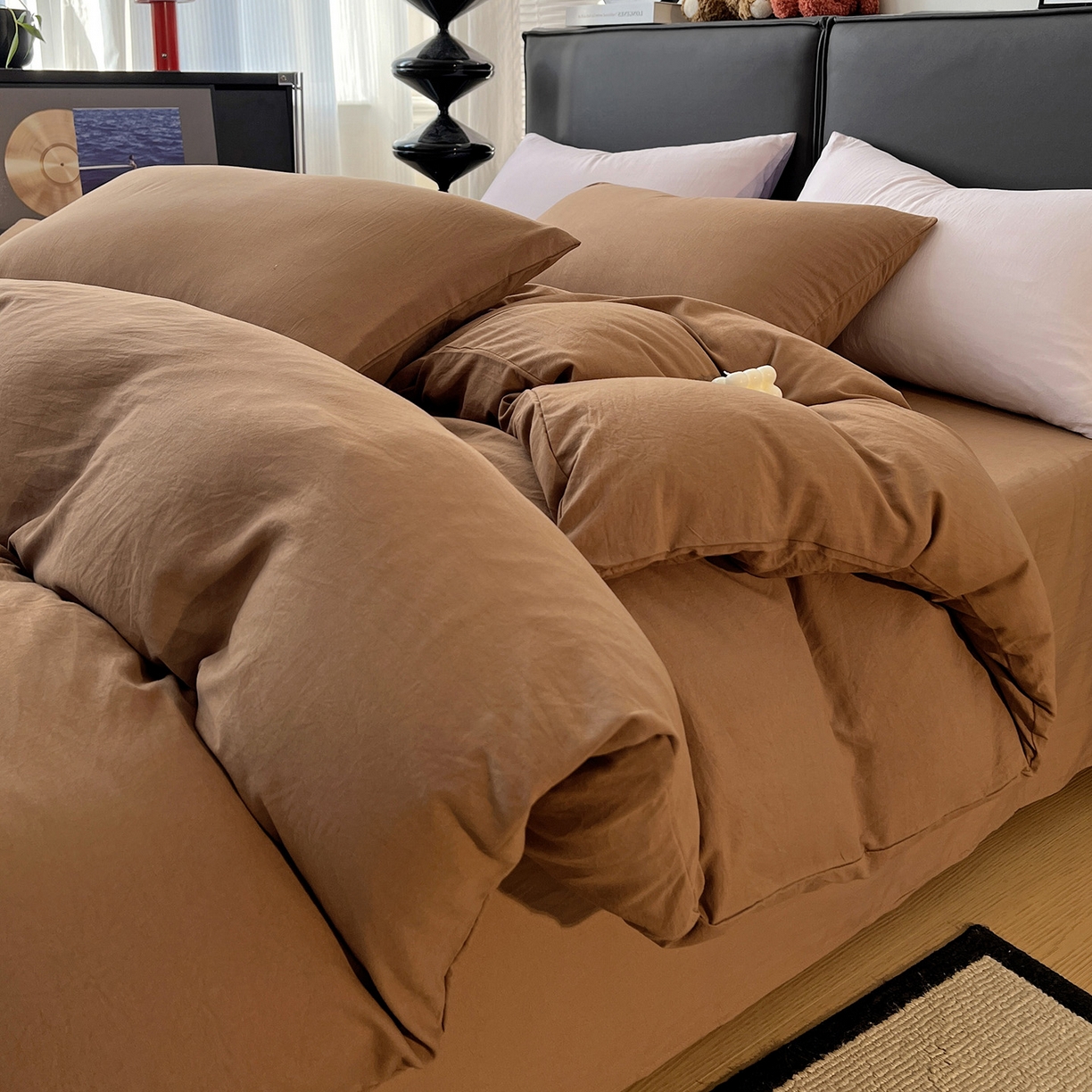 91家纺网 家纺一手货源 找家纺 凯洛奇 2025新款ins北欧风水洗棉柔软褶皱纯色被套四件套 纯色-深咖