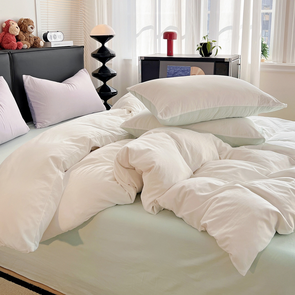 91家纺网 家纺一手货源 找家纺 凯洛奇 2025新款ins北欧风水洗棉柔软褶皱纯色被套四件套 拼色-白绿