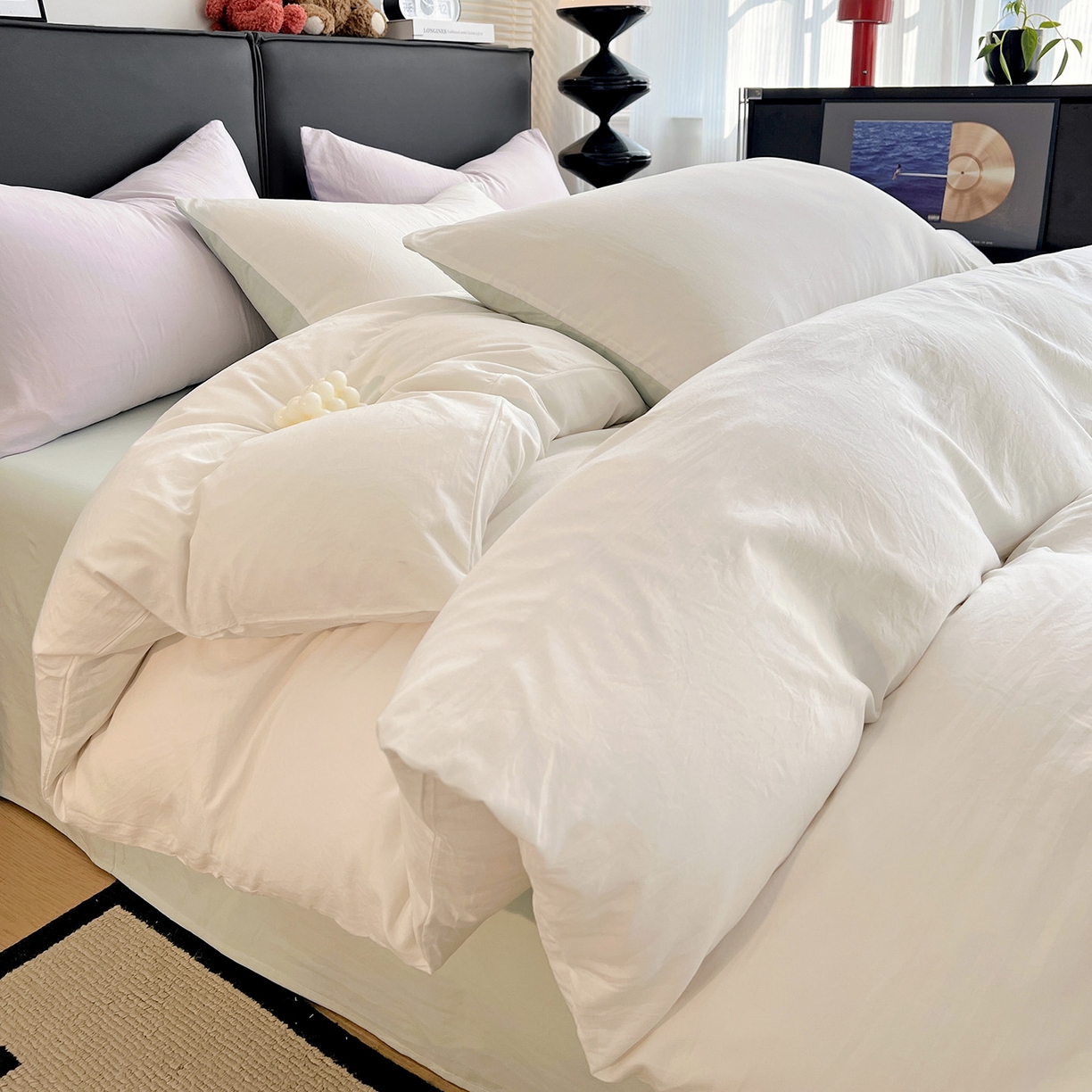 91家纺网 家纺一手货源 找家纺 凯洛奇 2025新款ins北欧风水洗棉柔软褶皱纯色被套四件套 拼色-白绿