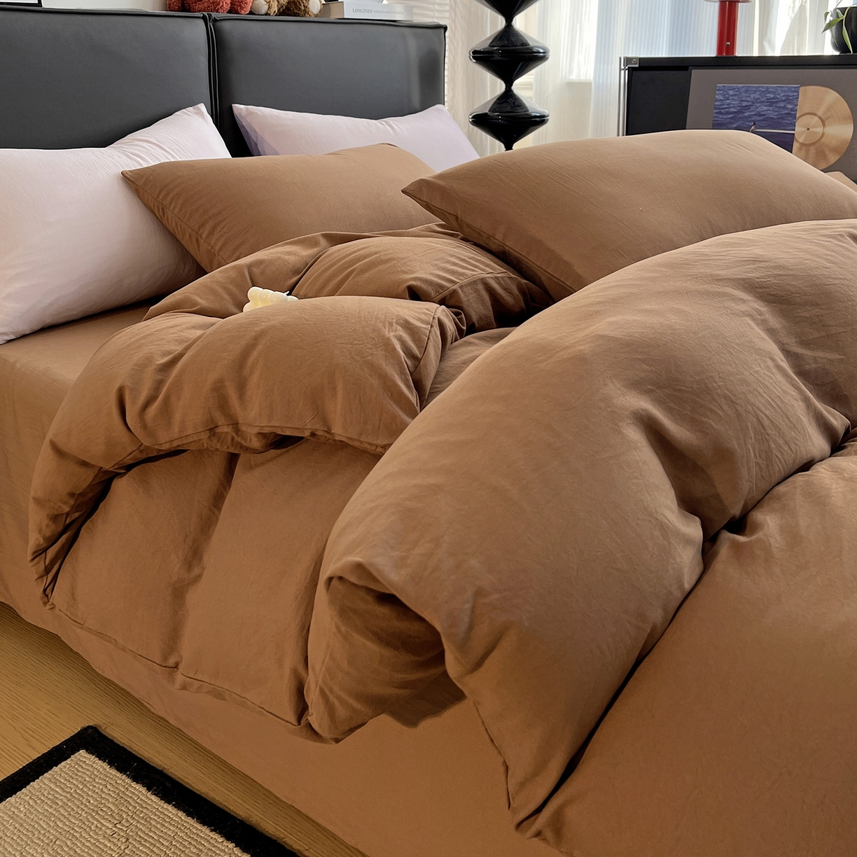 91家纺网 家纺一手货源 找家纺 凯洛奇 2025新款ins北欧风水洗棉柔软褶皱纯色被套四件套 纯色-深咖