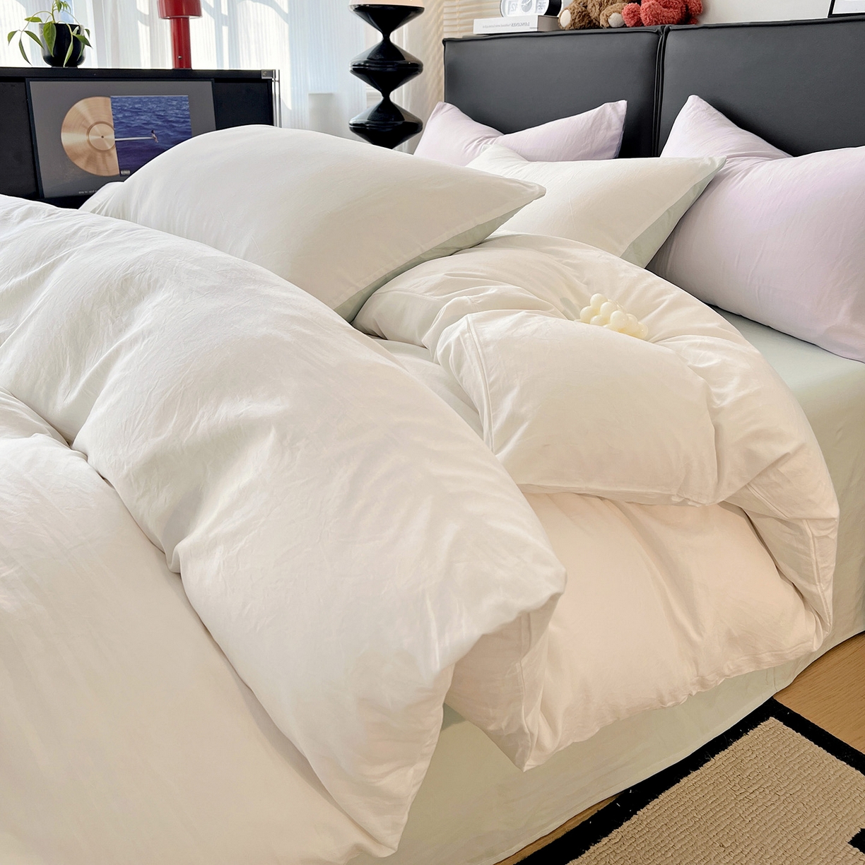 91家纺网 家纺一手货源 找家纺 凯洛奇 2025新款ins北欧风水洗棉柔软褶皱纯色被套四件套 拼色-白绿