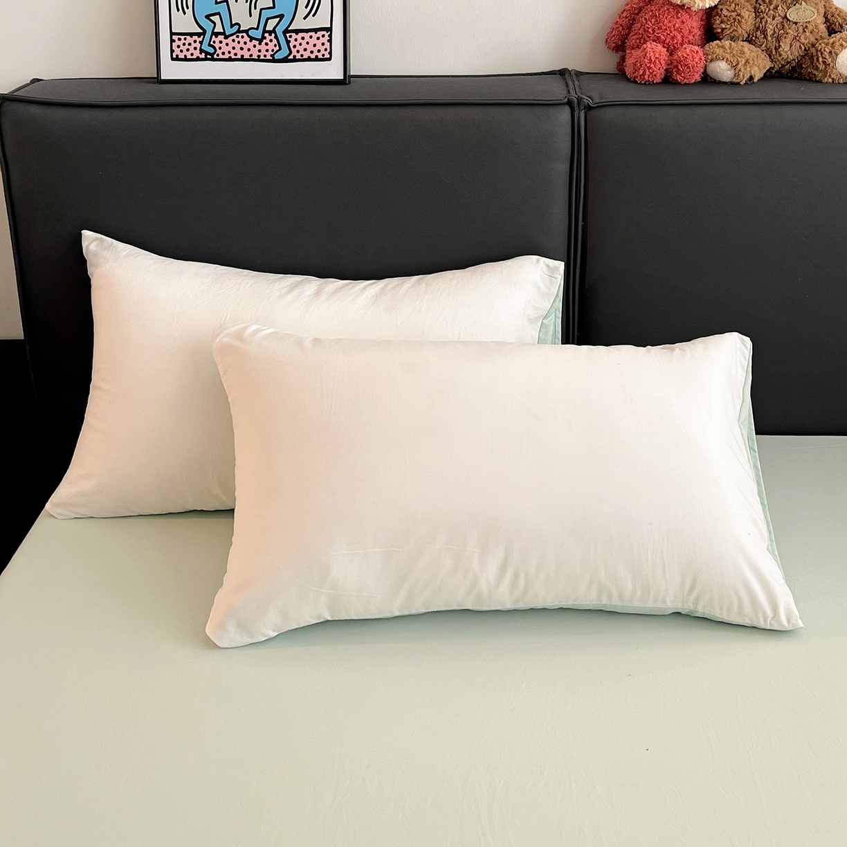 91家纺网 家纺一手货源 找家纺 凯洛奇 2025新款ins北欧风水洗棉柔软褶皱纯色被套四件套 拼色-白绿