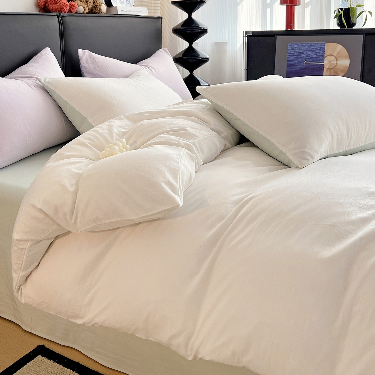 91家纺网 家纺一手货源 找家纺 凯洛奇 2025新款ins北欧风水洗棉柔软褶皱纯色被套四件套 拼色-白绿