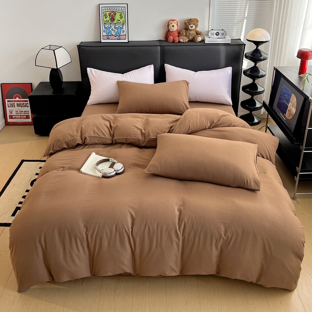 91家纺网 家纺一手货源 找家纺 凯洛奇 2025新款ins北欧风水洗棉柔软褶皱纯色被套四件套 纯色-深咖