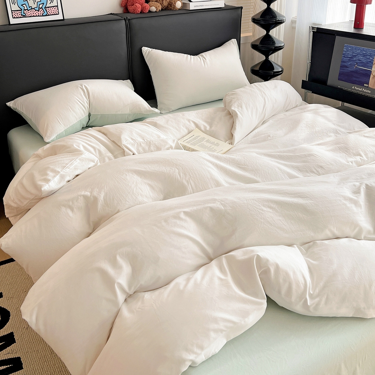 91家纺网 家纺一手货源 找家纺 凯洛奇 2025新款ins北欧风水洗棉柔软褶皱纯色被套四件套 拼色-白绿