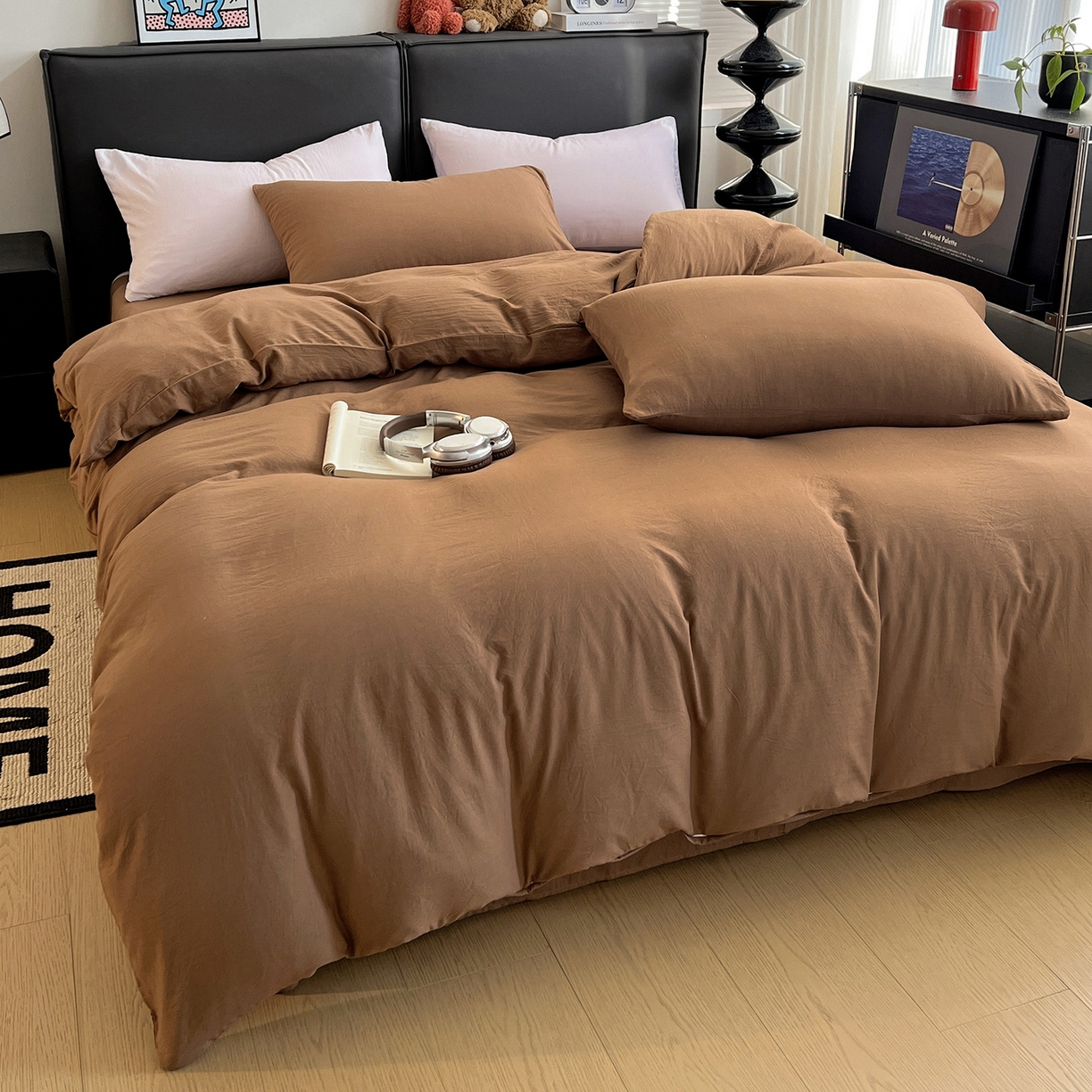 91家纺网 家纺一手货源 找家纺 凯洛奇 2025新款ins北欧风水洗棉柔软褶皱纯色被套四件套 纯色-深咖