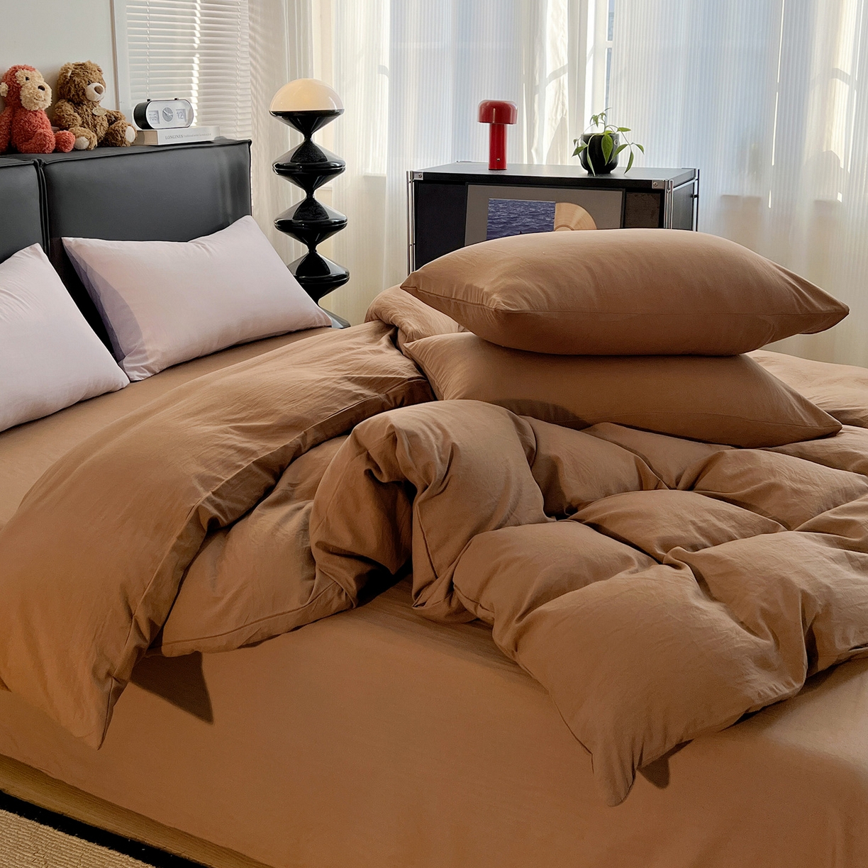 91家纺网 家纺一手货源 找家纺 凯洛奇 2025新款ins北欧风水洗棉柔软褶皱纯色被套四件套 纯色-深咖