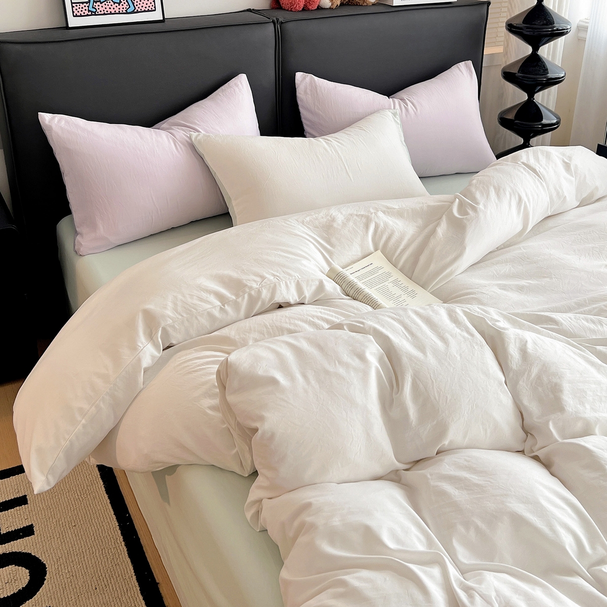 91家纺网 家纺一手货源 找家纺 凯洛奇 2025新款ins北欧风水洗棉柔软褶皱纯色被套四件套 拼色-白绿