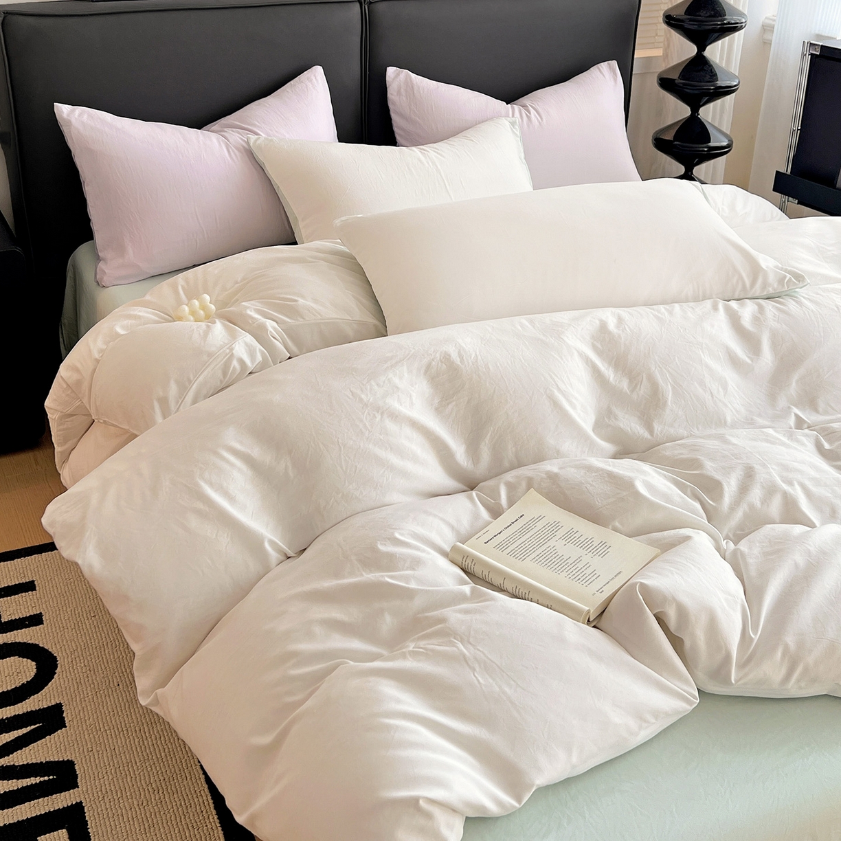 91家纺网 家纺一手货源 找家纺 凯洛奇 2025新款ins北欧风水洗棉柔软褶皱纯色被套四件套 拼色-白绿