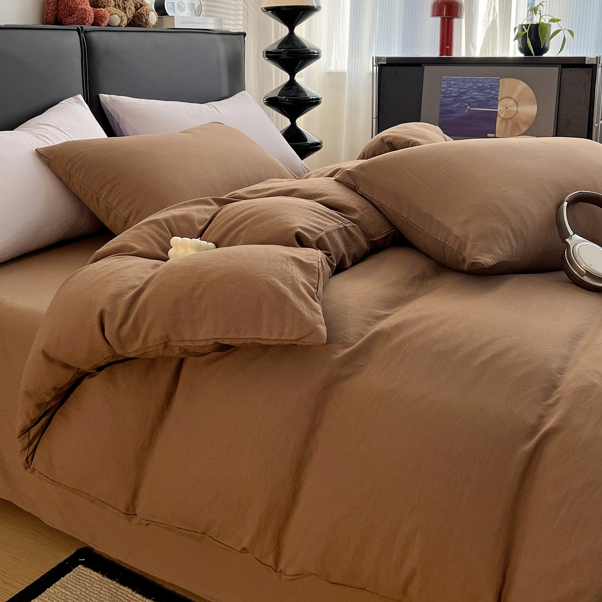 91家纺网 家纺一手货源 找家纺 凯洛奇 2025新款ins北欧风水洗棉柔软褶皱纯色被套四件套 纯色-深咖