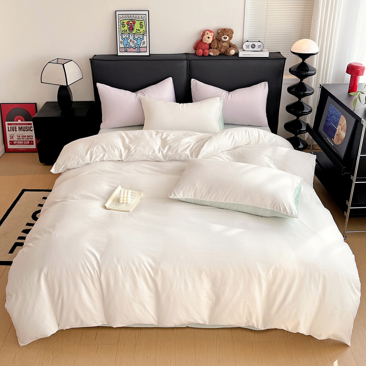 91家纺网 家纺一手货源 找家纺 凯洛奇 2025新款ins北欧风水洗棉柔软褶皱纯色被套四件套 拼色-白绿