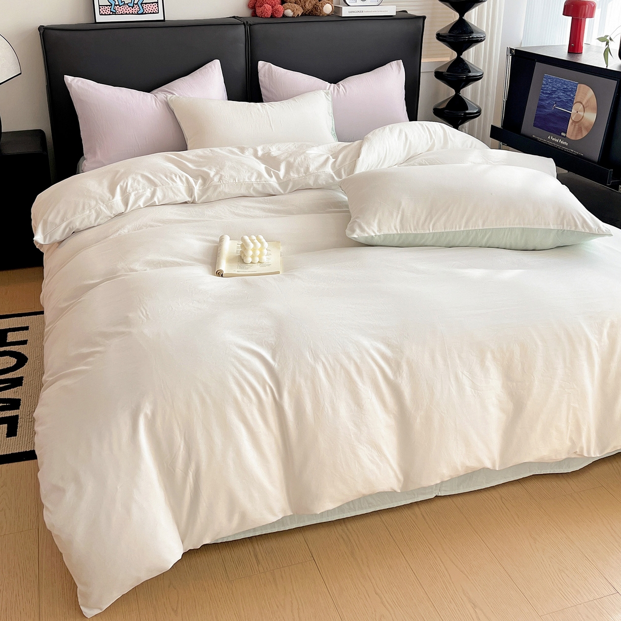 91家纺网 家纺一手货源 找家纺 凯洛奇 2025新款ins北欧风水洗棉柔软褶皱纯色被套四件套 拼色-白绿