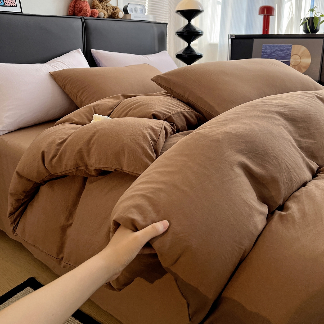 91家纺网 家纺一手货源 找家纺 （总）凯洛奇 2025新款ins北欧风水洗棉柔软褶皱纯色被套四件套