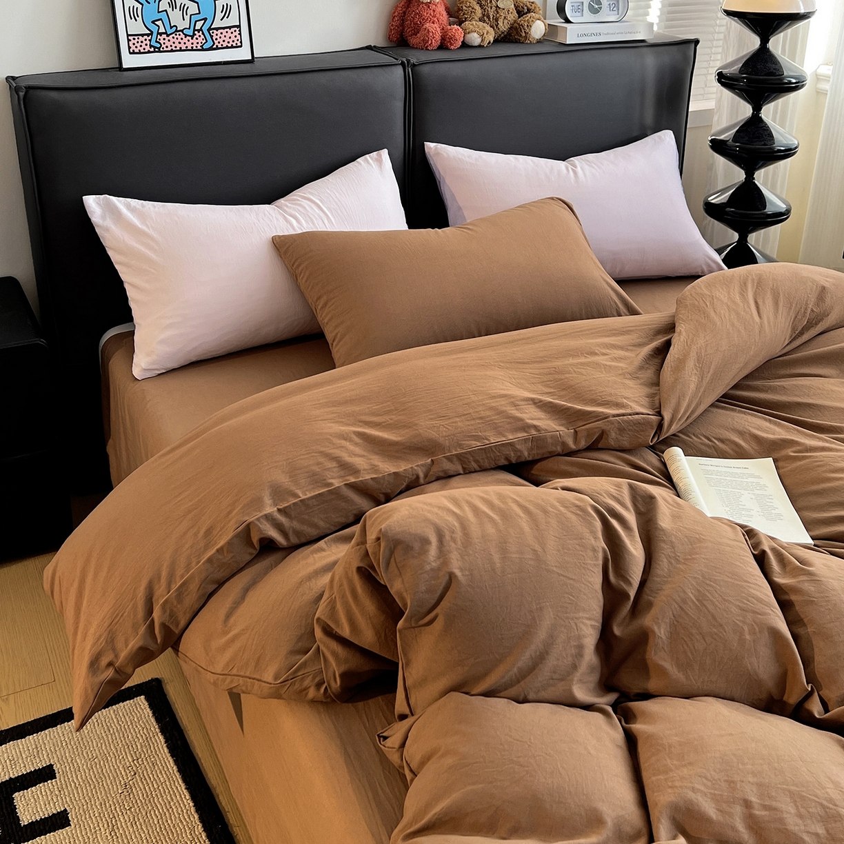 91家纺网 家纺一手货源 找家纺 凯洛奇 2025新款ins北欧风水洗棉柔软褶皱纯色被套四件套 纯色-深咖