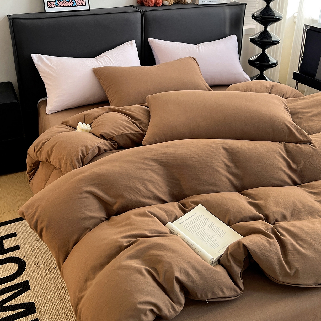 91家纺网 家纺一手货源 找家纺 凯洛奇 2025新款ins北欧风水洗棉柔软褶皱纯色被套四件套 纯色-深咖